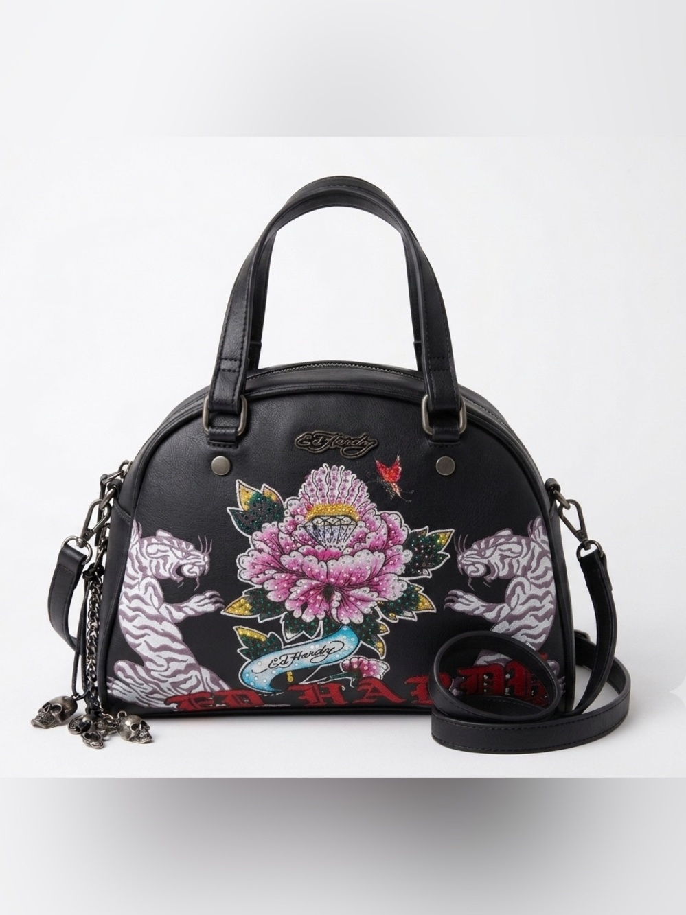 Ed Hardy Tiger & Floral Rhinestone Embellished Dome Bowler Satchel Crossbody Bag